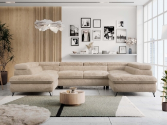 Ecksofa U-Form, mit Bettkasten, Bettfunktion und Einstellbare Kopfstützen, Sofa big XXL - PETER U - Beige Plüsch