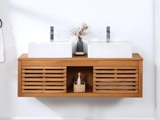 Vente-unique - Waschbeckenunterschrank hängend mit Doppelwaschbecken - Akazienholz - 130 cm - PENEBEL