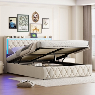 Furnishings Home Polsterbett Stauraumbett Doppelbett (1-tlg. Mit LED-Licht und USB C Ladefunktion, Hydraulisch anhebbarer Bettstauraum), Mit LED-Beleuchtung, Ladeanschluss, Lattenrost, Samt, 140x200 cm