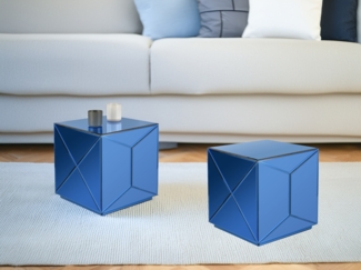 Kleiner Würfel Beistelltisch 2er Set mit Spiegelglas Blau, Höhe 40cm