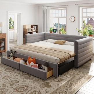 Merax Einzelbett Polsterbett 90x190 cm/180x190 cm Schlafsofa mit Ausziehbett, Tagesbett Daybett mit 2 Schubladen, Sofabett mit Lattenrost, Veloursstoff, grau