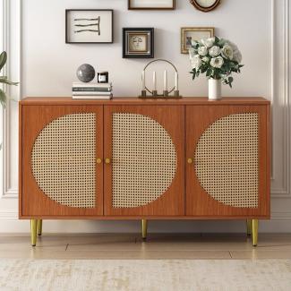 Merax Sideboard im Vintage-Stil mit 6 Fächern, Kommode mit 3 Rattan-Türen und Metallbeine,Breite 130cm