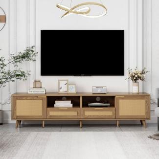 Merax Lowboard Holz mit 2 Schubladen und 2 Türen, Fernsehtisch mit Rattangeflecht Design,TV-Board