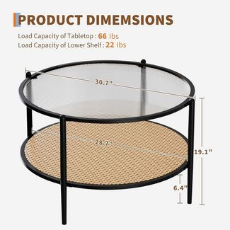 GarveeMore Beistelltisch Runder 2-stöckiger aus Rattan,Boho-Couchtisch für Wohnzimmer und Büro, runder Beistelltisch mit Glasplatte in Wellenform und Metallgestell