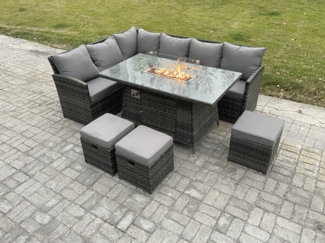Fimous Outdoor Gartenmöbel-Set Hoher Rücken Ecksofa Gas Feuertisch Sets mit 3 Kleine Hockern 9 Sitzer Dunkelgrau gemischt