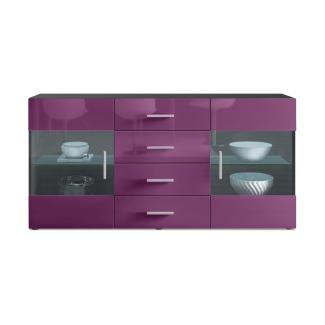 Sideboard Kommode Bari V1, Korpus in Schwarz matt / Front in Brombeer Hochglanz (139 x 72 x 35)