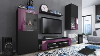 Vladon Wohnwand Movie, Anbauwand bestehend aus 1 TV-Board, 2 Vitrinen und 1 Regal, Schwarz matt/Schwarz matt/Brombeer Hochglanz (Gesamt: 300 x 190 x 39 cm)