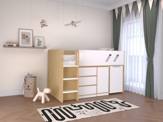Vente-unique - Kombi-Bett 90 x 190 cm - Mit Schreibtisch & Stauraum - Holzfarben & Weiß + Matratze - SAGITI