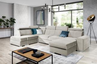 Wohnlandschaft Schlafsofa NOLAN inkl. USB Stoff Monolith Beige Ottomane Rechts