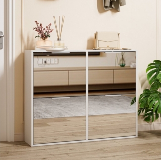 UEV Schuhschrank mit 4 Klappen Spiegelschuhschrank schmal Schuhkipper Schuhkommode (Schuhregal, Aufbewahrungsschrank, Schuhständerregal für Flur Eingang, 100 x 23 x 80,5 cm Anti-Kipp-Vorrichtung Platzsparend Flur schrank) Trennwände verstellbar und abn...