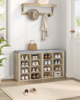 Schuhbank mit Sitzfl?che, Schuhschrank mit Sitzbank mit 16 F?chern, Eingangsbank Verstellbaren Ablagen fr Wohnzimmer, Schlafzimmer, Flur, Eiche