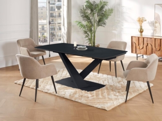 Vente-unique - Esstisch ausziehbar - 6 bis 10 Personen - Sicherheitsglas, Keramik & Metall - Marmor-Optik Schwarz - MALATA von Maison Céphy