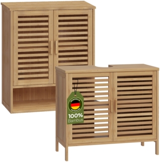 Bellamio 'Newa' Badezimmer-Set aus Waschbeckenunterschrank und Hängeschrank mit 3 Ablagefächern, Bambus, natur