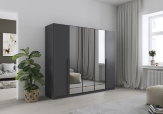rauch Kleiderschrank Alba, Drehtürenschrank, Garderobenschrank, 5-türig, mit Spiegel, 4 Kleiderstangen, 5 Einlegeböden und Schubladeneinsatz, Farbe Grau metallic, Schwarz, Griffstange Grau metallic, Schwarz, 226x197x54cm