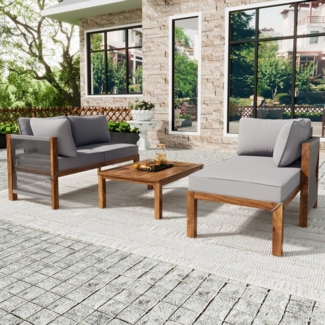 Celya Gartenlounge-Set L-förmiges Gartenmöbel-Set 3-teilig, holz, (2 Zweisitzer und 1 Tisch), Akazienrahmen, graue Seilarmlehnen, mit verstellbaren Beinen