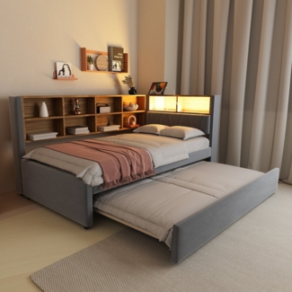 Furnishings Home Polsterbett Ausziehbett Daybett Tagesbett (Mit USB + Type-C + Stecker), Schlafsofa, Mit Unterbett, 90x200 cm + 90x190 cm, Nachttisch, Samt