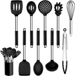 Küchenhelfer Set 10-tlg. Silikon Kochutensilien Edelstahlgriff Schwarz