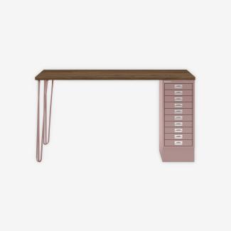 MultiDesk, 2 Stahlfüße, 1 MultiDrawer mit 10 Schüben, Dekor Nussbaum, Farbe Pastellpink, Maße: H 740 x B 1400 x T 600 mm