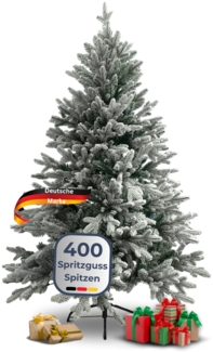 DELUKE® Weihnachtsbaum künstlich 160cm mit Schnee [Inkl. Lichterkette] Nordfichte - Spritzguss | Tannenbaum naturgetreu inkl. Baumständer