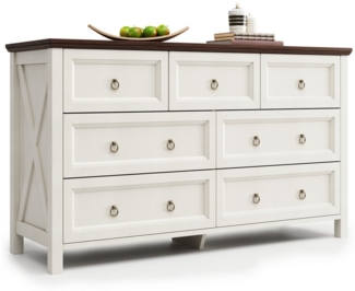 HAUSS SPOLE Sideboard Sideboard mit Aluminium-Griffen für Schlafzimmer, 7 Schubladen Weiß (Weißes Vintage Sideboard mit Walnussarbeitsplatte & Aluminiumgriffen – 7 geräumige Schubladen für sicheren Stauraum, Anti-Kipp-Vorrichtung, ideal für Wohnzimmer ...