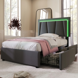 Polsterbett 90x200 cm mit Stauraum und LED-Beleuchtung, höhenverstellbares Kopfteil, Leinenbezug in Grau