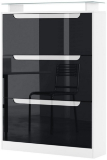 Vladon Schuhschrank Space, Schuhkipper für 24 Paar Schuhe mit 3 Klappen und Glasablage, Weiß matt/Schwarz Hochglanz mit Absetzungen in Weiß Hochglanz (89 x 128 x 23 cm)