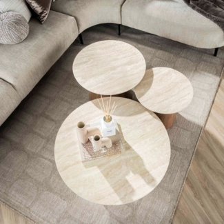 LEVEN Lifestyle Couchtisch 3´er Set TERRA ROMANO rund Tischplatte in Travertin Optik beige (3´er Set), Tischplatte aus hochwertiger Keramik