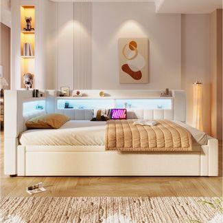 Merax Daybett 90x200cm/180x200cm mit LED-Beleuchtung, USB & Typ-C (Sofabett Jugendbett Einzel- & Doppelbett, 1 tlg), Tagesbett mit Ausziehbett und Staufächern,Schlafsofa,Doppelbett,Leinen
