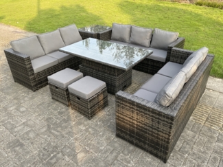 Fimous 8 Sitzer Outdoor Rattan Sofa Set Lounge Einstellbare Steigende Beistelltische Stühle Dunkelgrau Gemischt