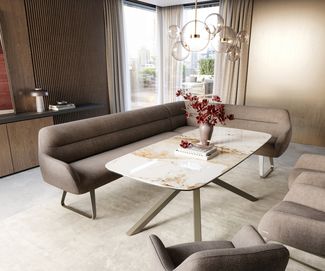 Esszimmerbank Taya-Flex 285x190 cm Strukturstoff Soft Taupe Kufengestell flach Effektfinish Titan Taschenfederkern Links
