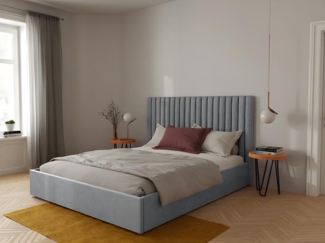 Vente-unique - Bett mit Bettkasten - 180 x 200 cm mit Kopfteil mit vertikalen Ziernähten + Matratze - Stoff - Grau - SARAH