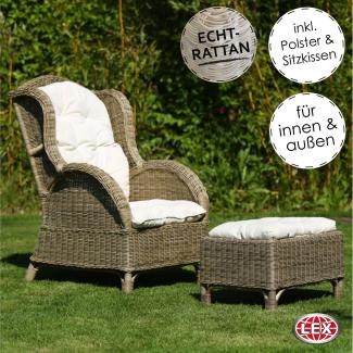 Relax Rattan Ohrensessel Hocker Polster In & Outdoor Gartensessel Kaminsessel