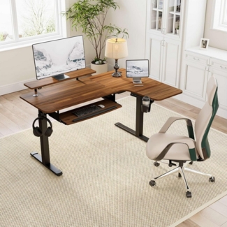 EE EUREKA ERGONOMIC Schreibtisch Höhenverstellbarer(74–122cm) Elektrisch L-Form mit LED Monitorständer (Packung, 1-St, Computertisch mit Getränkehalter, Kopfhörerhaken, Kabelbox, Mauspad), Ergonomischer 155x110 cm Großen Modern Gaming Tisch mit Tastatu...