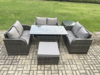 Fimous Polyrattan Gartenmöbel Set mit Rechteckiger Esstisch Großer Fußhocker Beistelltisch Dunkelgrau gemischt