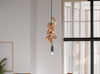 Kleine LED Pendelleuchte einflammig Affenlampe Schwarz Gold, Breite 14,5cm