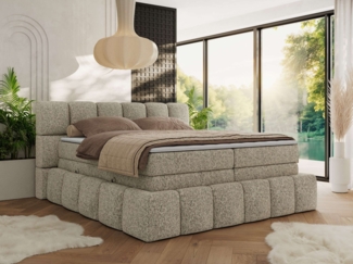 Boxspringbett NIRA KING, Doppelbett mit Fußteil, 7-Zonen Multipocket-Matratzen und Topper, Schlafzimmerbett - 160 x 200 cm - Dunkelbeige Struktur - H3