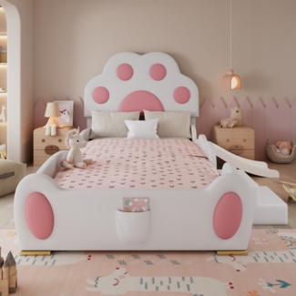 Polsterbett, Einzelbett, Kinderbett, Kopfteil in Form einer Cartoon-Katzenpfote, mit Kinderrutsche und zweistufiger Leiter, PU-Oberfläche, Weiß + Rosa, 90 x 200 cm