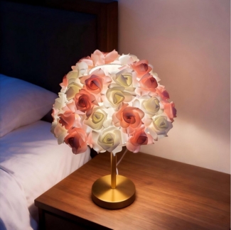 JDONG Nachttischlampe Kreative Blumen Schreibtischlampe,Rosa-Weiß / Rosa Flowers Tischlampe, ohne Leuchtmittel, Nachttischlampe mit Rosenlichtschirm, Romantische Tischleuchte für Schlafzimmer Büro Kinder Hotel Café