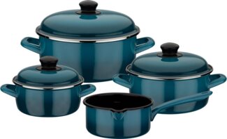 GSW Topf-Set Blue Shadow, Emaille (Set, 7-tlg, je 1 Kochtopf 16/20/24 cm, 1x Stielkasserolle 16 cm), Induktion