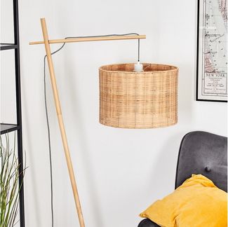 hofstein Stehlampe Stehlampe aus Holz/Metall mit Schirm aus Korbgeflecht/Rattan, ohne Leuchtmittel, Stehleuchte im modernen Boho-Design (40 cm), Höhe 160 cm, E27