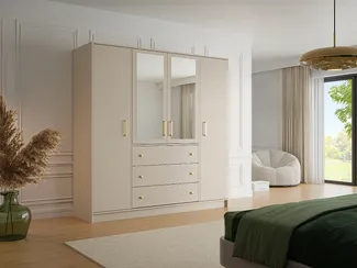 Vente-unique - Kleiderschrank mit 4 Türen & 3 Schubladen - Mit Spiegel - 196 cm - Beige & Goldfarben - LIZANDRO