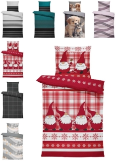 One Home Bettwäsche Winter, Flanell, 3 teilig, Wichtel Weihnachten kariert, Baumwolle kuschelig warm weich Biber