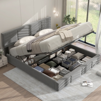 Polsterbett mit höhenverstellbarem Kopfteil,205.5*185*90-95 cm, Grau Stauraumbett,inklusive Schaummatratze