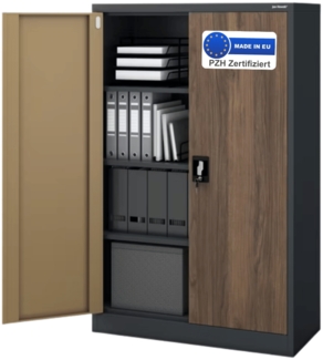 Aktenschrank abschließbar KADO - 4 Ebenen verstellbar, Flügeltüren | Metallschrank Werkstatt Mehrzweckschrank Büroschrank aus Stahl Werkzeugschrank, 140x90x40cm Anthrazit-Nussbaum