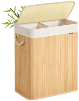 SONGMICS Wäschekorb 2 Fächer, 100 L Wäschesammler mit Deckel, Wäschebox Bambus, mit Griffen, faltbar, Wäschesack herausnehmbar maschinenwaschbar, Waschküche, braun