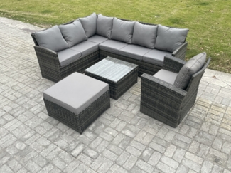Fimous 8 Sitzer Rattan Gartenmöbel Set Ecksofa Set aus Polyrattan mit Quadratischer Couchtisch Großer Fußhocker Sesseln Dunkelgrau gemischt