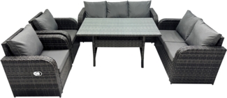 Fimous 7 Sitzer Dunkelgrau Polyrattan Gartenmöbel-Set Liegestuhl Liebe Sofa 3 Sitzer Sofa Set Outdoor Rechteckiger Esstisch
