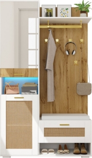 MODFU Garderoben-Set Kleiderschrank-Set, (Kleiderschrank-Set mit Spiegel, 1-St, 6 goldenen Kleiderhaken,16-farbiger LED-Beleuchtun), Wandgarderobe mit Spiegel,Schuhschrank,oberem Stauraumfach, Sitzbank