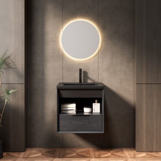 Badezimmer-Waschtisch, Schwimmend integriertes Unterbauwaschbecken aus Keramik abgeschrägte Kante Sperrholzschrank mit Regal und Schublade vormontiert, Sperrholz, Schwarze Holzmaserung, 51 cm