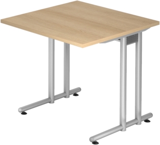 bümö Schreibtisch klein N-Serie 80x80 cm, Tischplatte aus Holz in Eiche, Gestell aus Metall in Silber - PC Tisch, kleiner Computertisch für's Büro, Office Bürotisch, NS-08-E-S